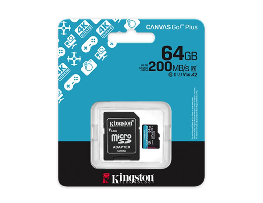 64GB microSD muistikortti Kingston Canvas Go Plus, optimaalinen action-kameraan, droneen ja puhelimeen Kingston 64GB microSD muistikortti