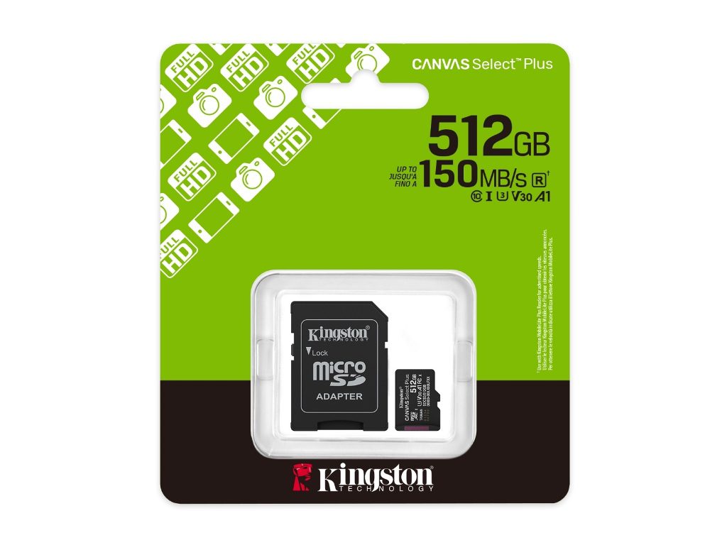 Kingston Canvas Select Plus 512GB microSDXC – V30, A1 Kingston Canvas Select Plus 512GB microSDXC muistikortti